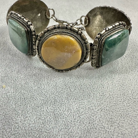 Vintage Artisan Indian Jasper Stone Silver Tone Chunky Boho Earth Tone Bracelet - Picture 6 of 8